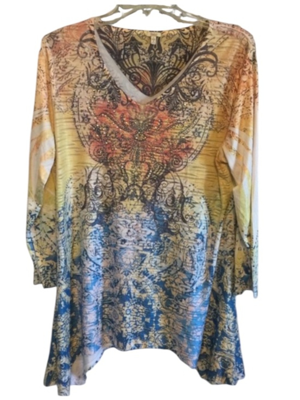 Reba Multicolor V-Neck Women's Longer Top Riveted Detail Casual Office Large